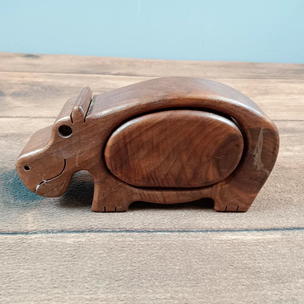 Hippo Puzzle Trinket Box Brown Good Hand Carved Wood MCM